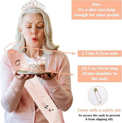 60th Birthday Decoration for Women, Rose Gold 60 & Fabulous Birthday Sash and Rhinestone Headband for Women's 60th Birthday Gifts Crown Tiara Party Decor