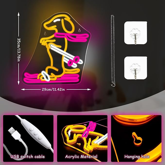 Lucunstar Skiing Dachshund Neon Sign Dog LED Sign for Wall Decor Dachshund Decor USB Connectivity Adjustable Brightness Ski Neon Light Up Pet Shop Bedroom Wall Gifts for Dog Lover
