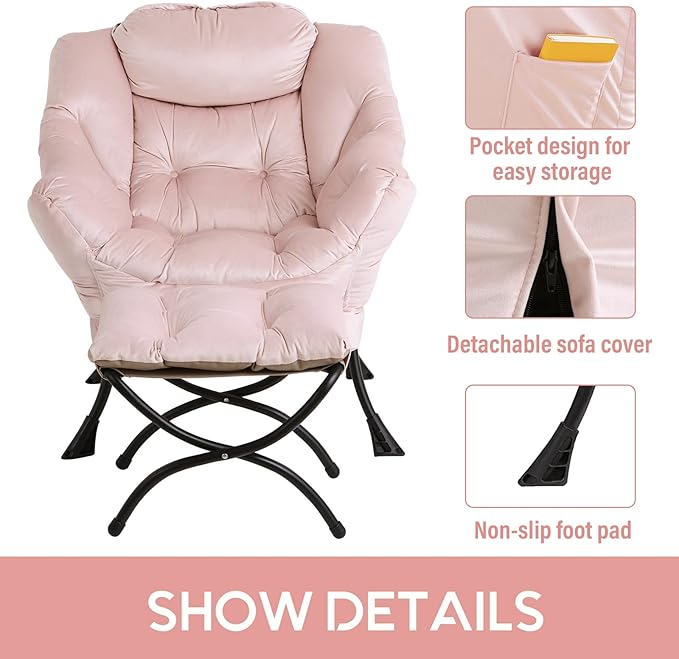 LITA Lazy Chair with Ottoman, Modern Accent Leisure Upholstered Sofa Chair, Contemporary Lounge Reading Chairs with Armrests and a Side Pocket for Living Room, Bedroom & Small Space, Pink