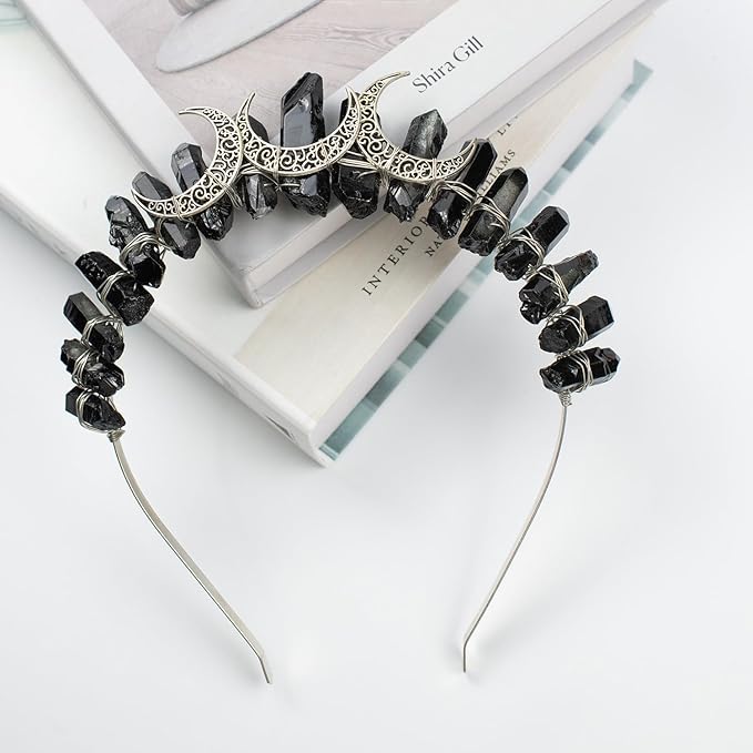 Black Natural Crystal Tiara Headband, Quartz Rhinestone Crown Goddess Halloween Masquerade Party Headwear for Women Girls