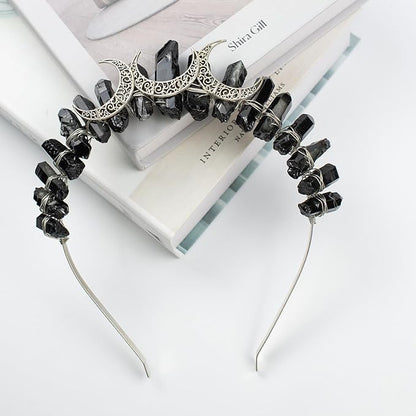 Black Natural Crystal Tiara Headband, Quartz Rhinestone Crown Goddess Halloween Masquerade Party Headwear for Women Girls