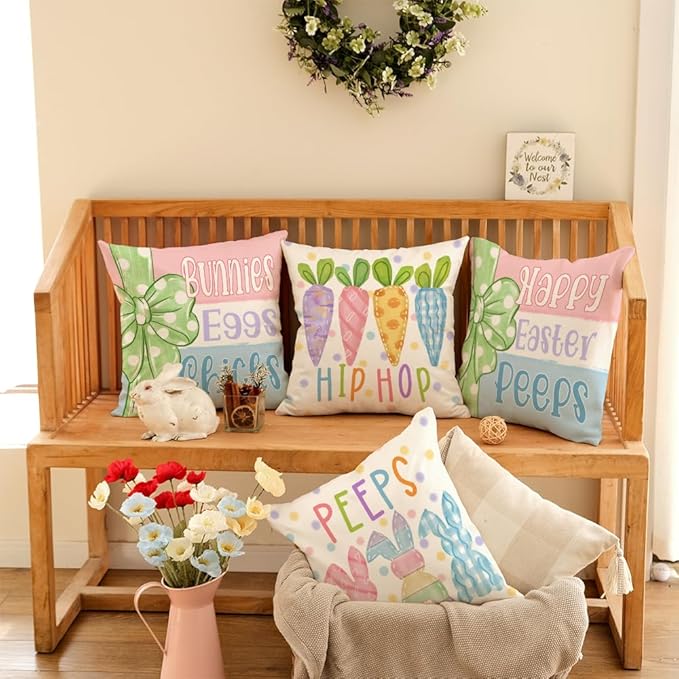 GEEORY Happy Easter Peeps Pillow Covers 20x20 Inch Set of 4, Striped Bunnies Eggs Chicks Rabbits Carrots Decorative Farmhouse Throw Pillowcases for Home Sofa Couch Decoration G461-20
