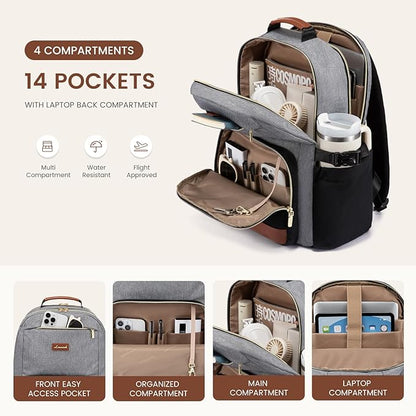 LOVEVOOK Laptop Backpack for Women with Pouch Pocket for Large Capacity Cup,18 Inch Teacher Nurse College Work Backpack Purse,Waterproof Laptop Bag Computer Back Pack for Travel, Grey-Black-Brown