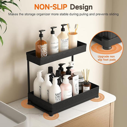 3 Pack Multi-Purpose Pull-Out Storage Organizers, 2-Tier L-Shaped Under Sink/Cabinet Organizers and Storage for Bathroom & Kitchen, Black, 12.8 Inches