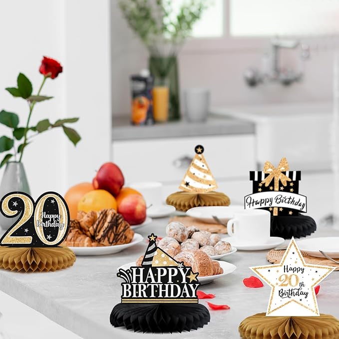 Happy 20th Birthday Decorations,20th Birthday Gold Glitter Shiny Stand Honeycomb Table Centerpieces - Cheers to Twenty Years Old Birthday Party Photoprop Gift Sign.