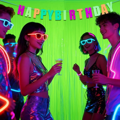 Glow in The Dark Party Supplies, 2 Pack Neon Party Decorations 6.6 x 6.6 ft Fluorescent Macaron Green Tinsel Foil Fringe Curtains, Photo Booth Prop Backdrop UV Blacklight Luminous Streamer