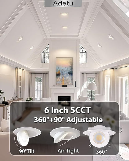 Adetu Led Recessed Lighting 6 inch, 360°+90° Adjustable Directional Gimbal 6 inch Led Recessed Light, 2700K-5000K 5CCT Dimmable Retrofit Eyeball Can Recessed Lights with Jbox, ET (White, 6 Pack)