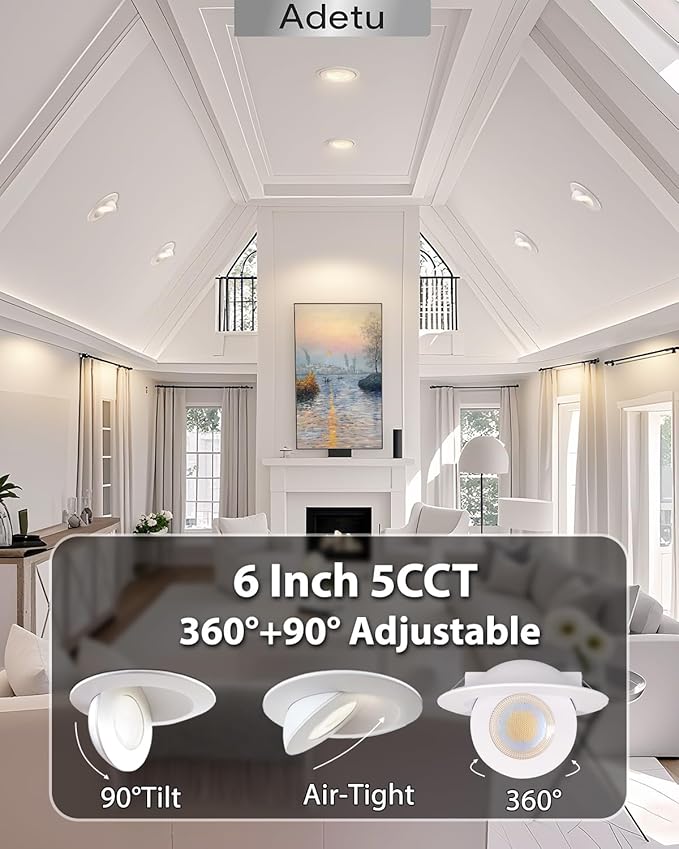 Adetu Led Recessed Lighting 6 inch, 360°+90° Adjustable Directional Gimbal 6 inch Led Recessed Light, 2700K-5000K 5CCT Dimmable Retrofit Eyeball Can Recessed Lights with Jbox, ET (White,1 Pack)