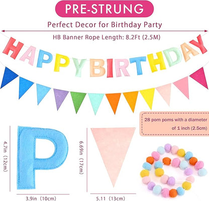 CANREVEL Pre-Strung 3D Happy Birthday Banner, 3 PCS Pastel Felt Garland, Pom Pom Garland, Triangle Fabric Bunting, Reusable Pastel Birthday Decorations for Women Girls