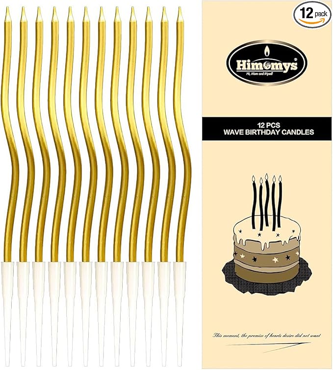 Gold Spiral Long Thin Birthday Candles for Cake – Metallic Cake Decorations, Happy Birthday Candles with Holders, Long Lasting & Safe (12, Gold)