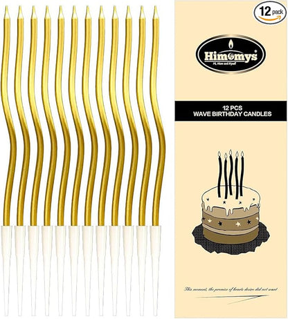 Gold Spiral Long Thin Birthday Candles for Cake – Metallic Cake Decorations, Happy Birthday Candles with Holders, Long Lasting & Safe (12, Gold)