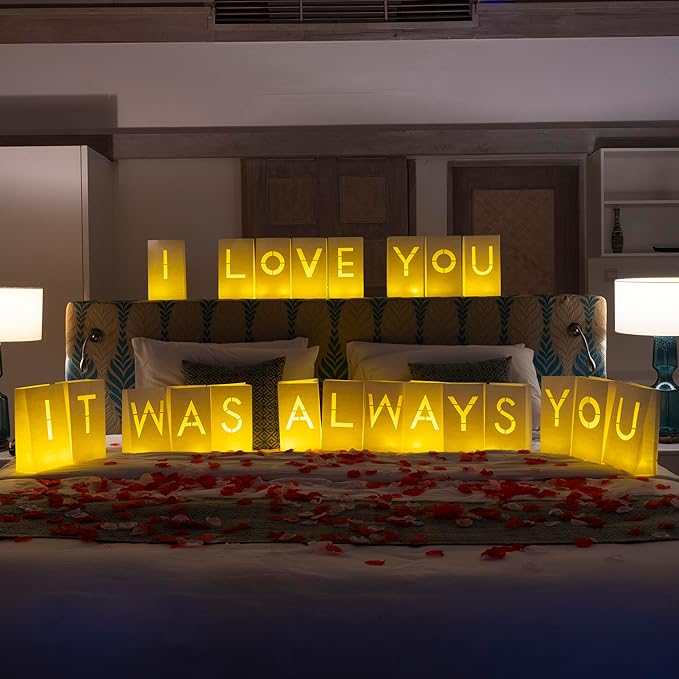 It Was Always You Light Up Letters with 30 Tea Lights Candles and 1000 Red & Pink Rose Petals - Luminary Bags Engagement Party Decorations & Anniversary Decorations Ideal Gift For Men & Women