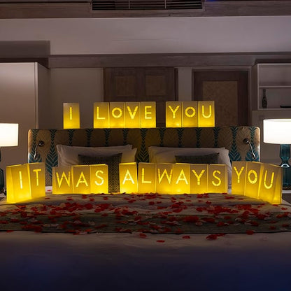It Was Always You Light Up Letters with 30 Tea Lights Candles and 1000 Red & Pink Rose Petals - Luminary Bags Engagement Party Decorations & Anniversary Decorations Ideal Gift For Men & Women