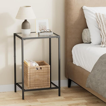 Side Tables Set of 2, End Tables with Tempered Glass, 2-Tier Nightstands with Storage Shelves, Coffee Table with Modern Style, Slim Sofa Table for Living Room, Bedroom, 11.8" D x 15" W, Black