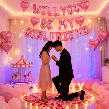 Will You Be My Girlfriend Balloons-16 Inch Pink Foil Letters Balloon 18 inch Heart Balloon Valentines Day Balloons for Wedding Engagements Proposals party Decorations
