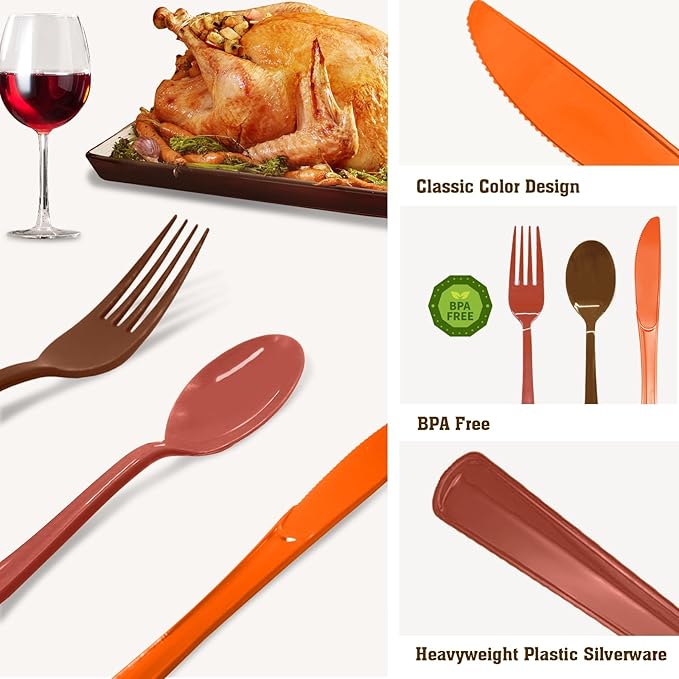 153PCS Fall Plastic Cutlery, Thanksgiving Plastic Silverware Heavy Duty Disposable Cutlery Set Includes Spoons Forks Knives for Thanksgiving Fall Party