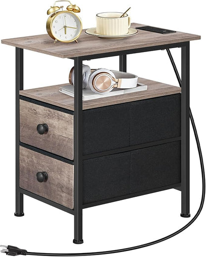 HOOBRO End Table with Charging Station, Narrow Side Table, Nightstand with 2 Non-Woven Drawers, Slim Sofa Side Table, for Small Spaces, Living Room, Bedroom, Greige and Black BG486UBZ01