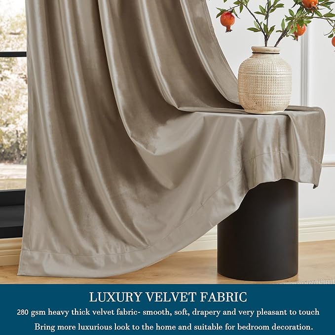 PRIMROSE Taupe Curtains 63 inch for Living Room,2 Panels Velvet Drapes Blackout Rod Pocket Back Tab Window Treatment Room Darkening Decorative Thick Curtains for Bedroom