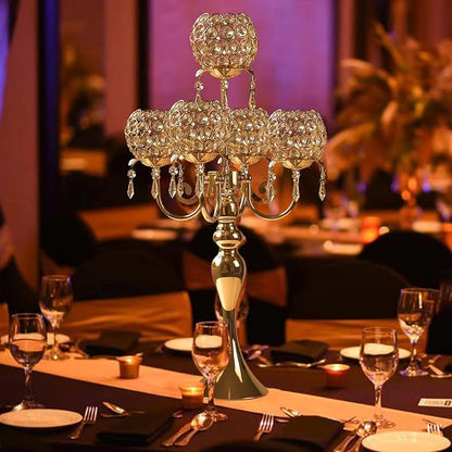 5 Arm Gold Candle Holder 22.5 Inch Tall Crystal with Pendant, Romantic Home Decor Elegant Candlestick Holder for Dates Wedding Receptions Holiday Party Important Events