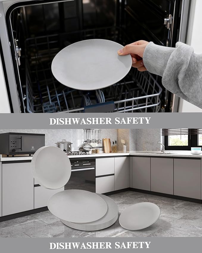 WONDERFUL 32pcs Light Grey Plastic Plates Reusable Unbreakable & Dishwasher safe Dishes Set Outdoor Plates Includes:16 Dinner 10" and 16 Dessert Plate 7.3" Ideal for BBQ Camping Christmas New Year