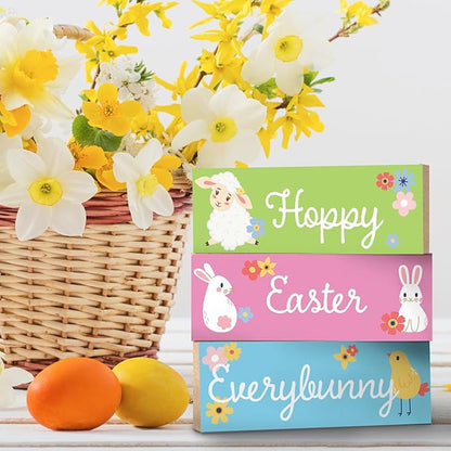 Hoppy Easter Everybunny Wooden Block Sign Set - 3pc Easter Tiered Tray Decor, Spring Tabletop Decorations, Bunny & Chick Signs for Mantel, Shelf, Home Accents