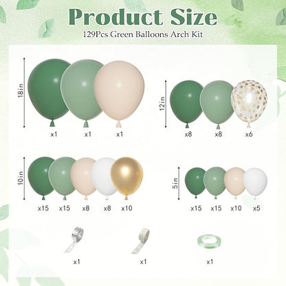 Ouddy Party Sage Green Balloons Arch Garland Kit, Different Sizes 18 12 10 5 inch Sage Green Gold Sand White Olive Latex Metallic Confetti Balloon for Baby Shower Safari Birthday Party Decorations
