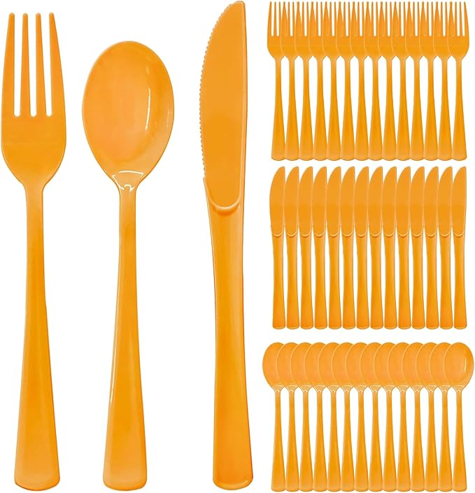 300 Pcs Orange Plastic Silverware, Orange Plastic Cutlery Includes 100 Forks, 100 Spoons, 100 Knives for Birthday, Autumn Party, Halloween, Thanksgiving Day