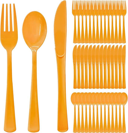 300 Pcs Orange Plastic Silverware, Orange Plastic Cutlery Includes 100 Forks, 100 Spoons, 100 Knives for Birthday, Autumn Party, Halloween, Thanksgiving Day