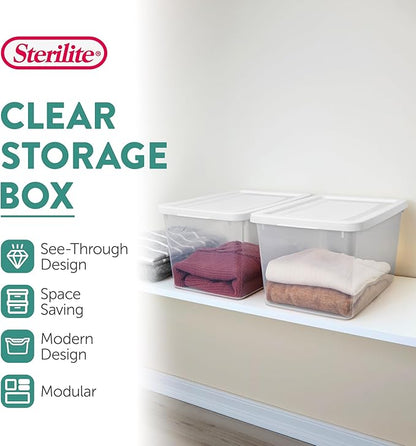 Sterilite 6 Pack Storage Boxes, Clear Plastic Stackable Containers, Lightweight Home Organizers with Snap Lids, 20 Quart, White