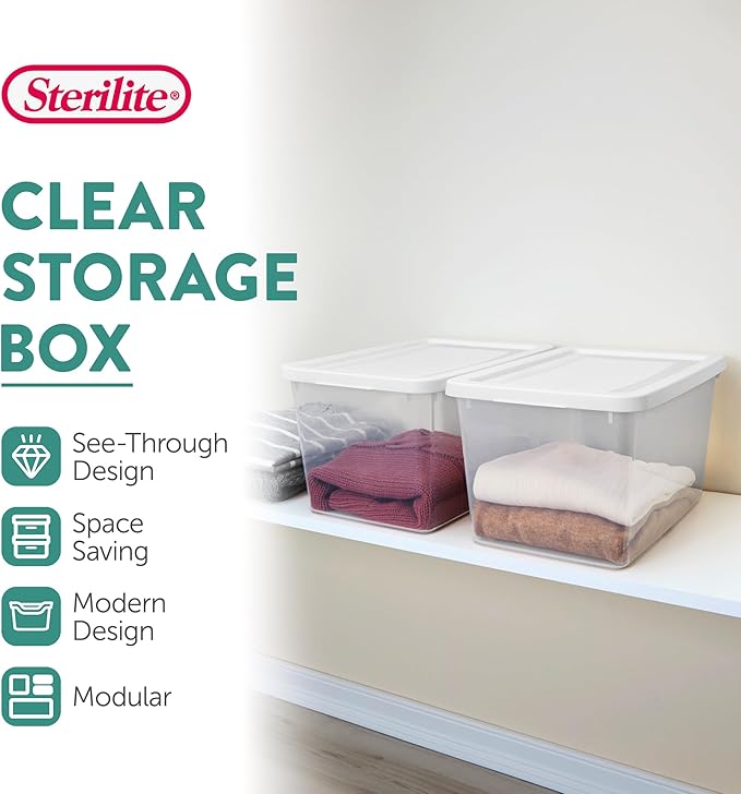 Sterilite 24 Pack Storage Boxes, Clear Plastic Stackable Containers, Lightweight Home Organizers with Snap Lids, 20 Quart, White
