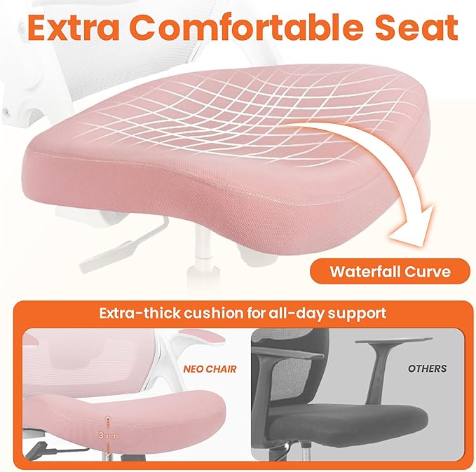 NEO Chair Office Desk Chair Computer High Back Mesh Gaming Seat with Ergonomic Adjustable Comfy Flip-up Armrests Lumbar Support Height for Home (Pink)