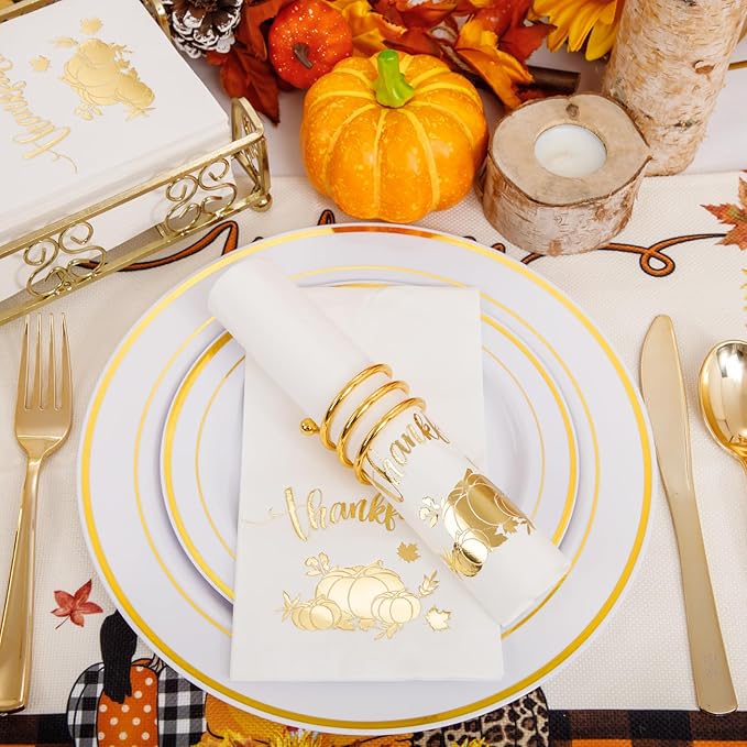 BUCLA 100-Count 3-Ply Thanksgiving Napkins - White and Gold Napkins Disposable & Pumpkin Paper Napkins Premium Quality - Gold Paper Napkins Dinner Size Soft, Absorbent for Thanksgiving Party