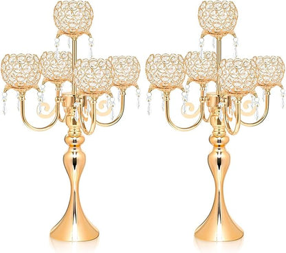 2 PCS Kehail Crystal Table Decoration Gold Candle Holder with Pendant, 5 Arm Candelabra Holder Beautiful Hollow Engraved Table Centerpiece for Christmas, Thanksgiving, Weddings, Holiday Parties