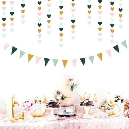 Sage-Green Mint Pink-Gold Love-Heart Garland - 52Ft Rustic Wedding Hanging Decoration Streamers Banner,Valentines Mothers Day Bachelorette Bridal Shower Engagement Party Bunting Lasting Surprise