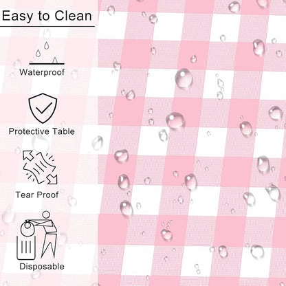 4 Pack Pink Gingham Tablecloth Rectangular Pink and White Checkered Tablecloths Disposable Plastic Pink Plaid Table Cover for Parties, Outdoor Picnic, Birthday, Wedding, Camping 54 × 108 Inch