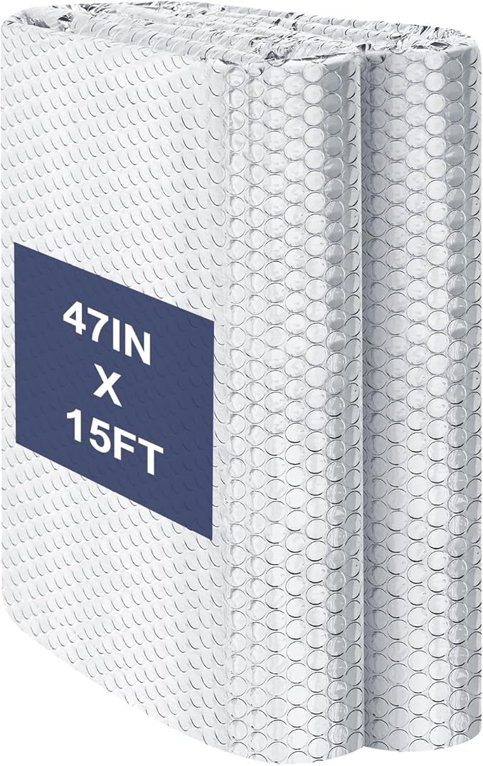 Double Reflective Bubble Foil Insulation Foam, 47IN X 15FT Aluminum Foil Thermal Insulation Radiant Barrier for Windows, Garage Door, RV, Roof