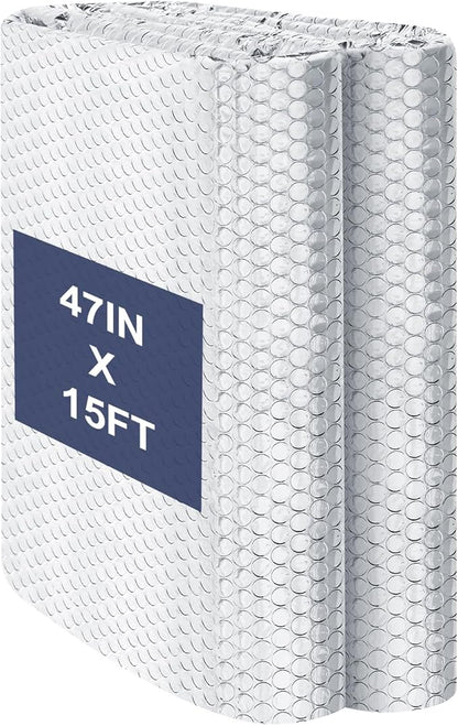 Double Reflective Bubble Foil Insulation Foam, 47IN X 15FT Aluminum Foil Thermal Insulation Radiant Barrier for Windows, Garage Door, RV, Roof