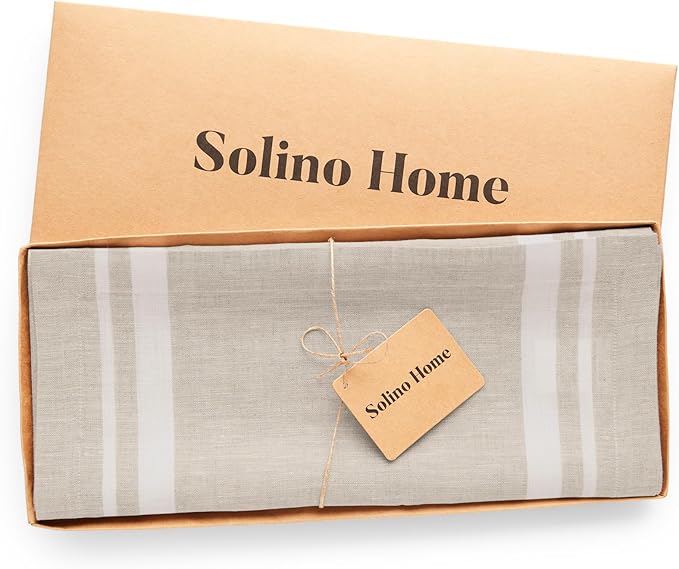 Solino Home Linen Table Runner 156 Inches Long - 100% Pure Linen White and Natural French Stripe Table Runner 14 x 156 Inch for Dining
