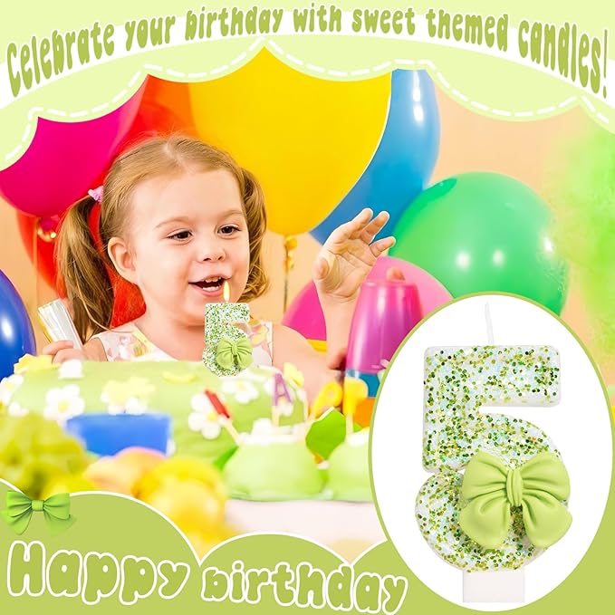 Birthday Candle for Cake, Green Bow Number Cake Candles, 2.76 inch Cake Topper Decoration for Birthday Party (Number 5)