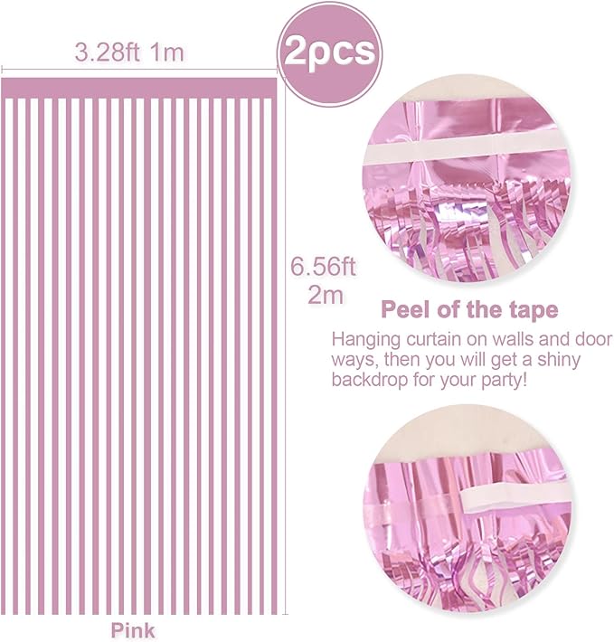 2 Pcs Pink Metallic Tinsel Foil Fringe Curtains Backdrop, 3.28 ft x 6.56 ft Streamers for Birthday Gender Reveal Wedding Photo Booth Bachelorette Party Bridal Shower Baby Shower Decorations Supplies