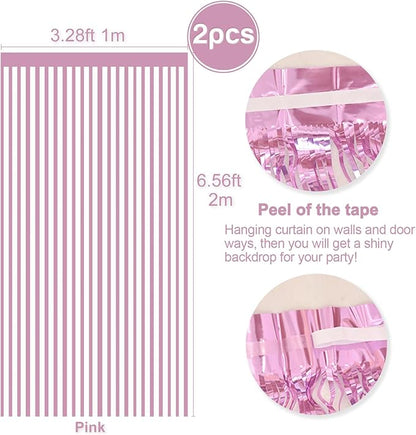 2 Pcs Pink Metallic Tinsel Foil Fringe Curtains Backdrop, 3.28 ft x 6.56 ft Streamers for Birthday Gender Reveal Wedding Photo Booth Bachelorette Party Bridal Shower Baby Shower Decorations Supplies