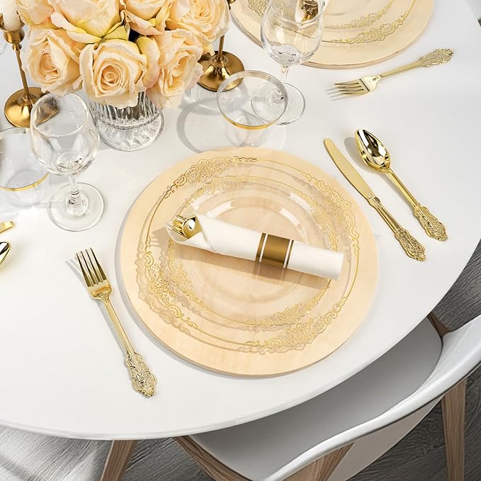 350PCS Clear Plastic Plates for 50 Guests, =Disposable Dinnerware Sets Include 50 Gold Rim Plastic Plates, 25 Silverwares, 25 Cups, and 25 Pre Rolled Napkins for Party, Wedding and Graduation