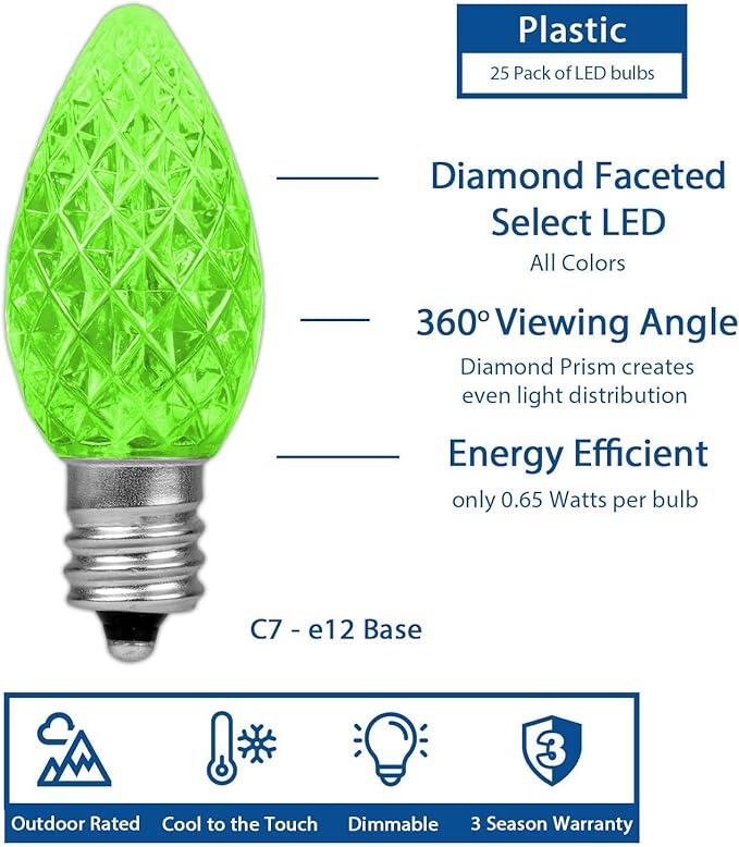 Novelty Lights 25pk Green C7 LED Faceted Christmas Light Replacement Bulbs, Ultra Bright Dimmable Replacement Lamps for Indoor/Outdoor Light Strings