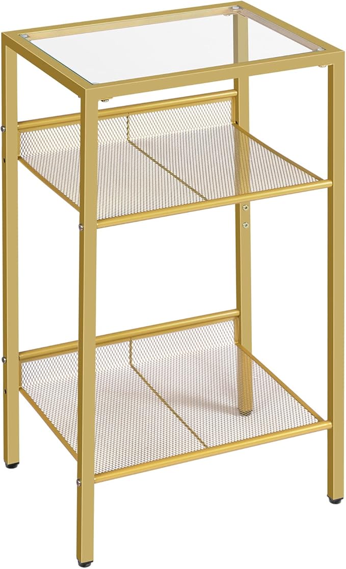 HOOBRO Gold Side Table, Tall Telephone End Table with Mesh Shelves, 3-Tier Nightstand with Tempered Glass Tabletop, for Living Room, Bedroom, Gold GD04DH01