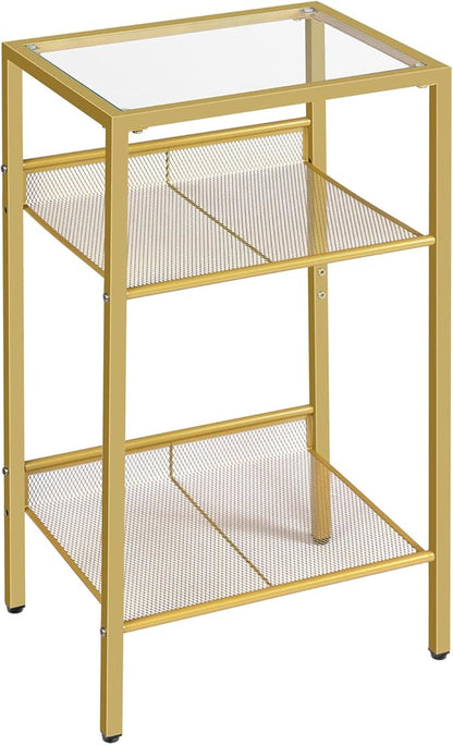 HOOBRO Gold Side Table, Tall Telephone End Table with Mesh Shelves, 3-Tier Nightstand with Tempered Glass Tabletop, for Living Room, Bedroom, Gold GD04DH01