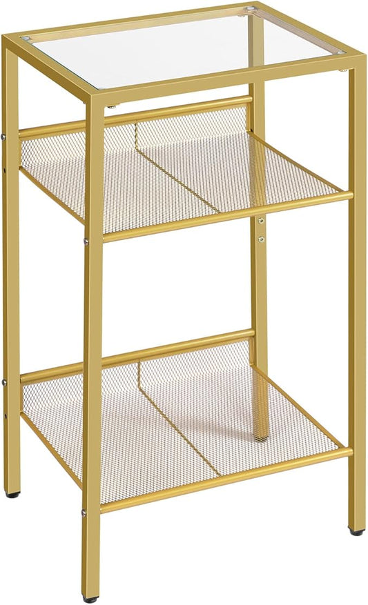 HOOBRO Gold Side Table, Tall Telephone End Table with Mesh Shelves, 3-Tier Nightstand with Tempered Glass Tabletop, for Living Room, Bedroom, Gold GD04DH01