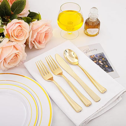 Supernal 360pcs Gold Plastic Silverware Heavy Duty Disposable Cutlery Gold flatware Sets Include 120 Forks, 120 Knives, 120 Spoons, Suitable for Party, Birthday, Wedding