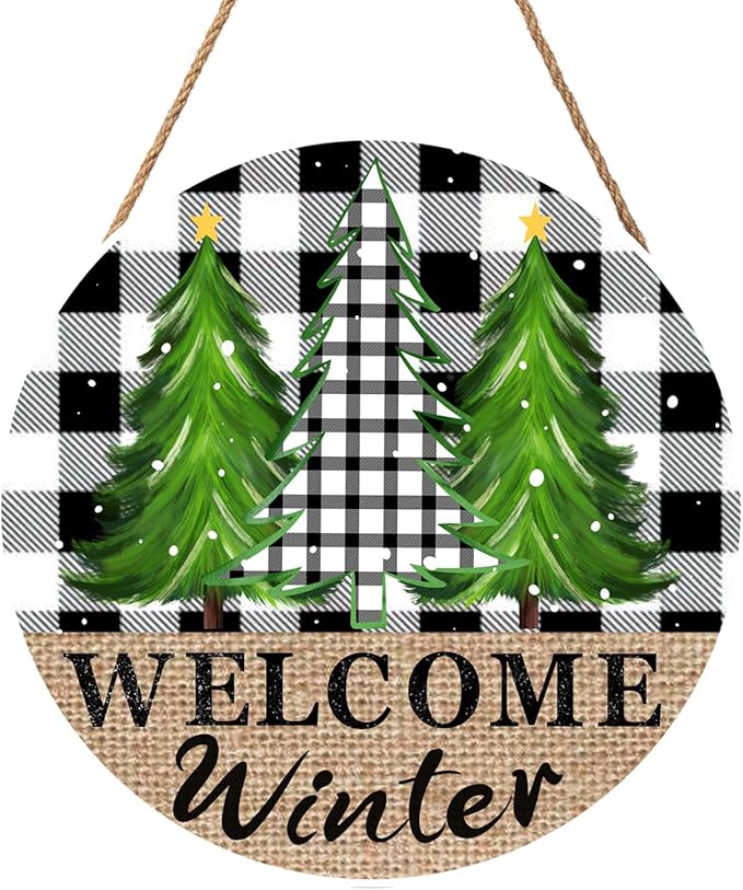 Welcome Winter Front Door Sign 12in Hello Winter Buffalo Plaid Door Sign Farmhouse Pine Trees Wood Door Hanger for Outdoor Outside Porch Rustic Winter Trees Hanging Plaque for Home Wall Decor