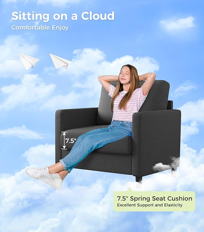 Sofa Accent Chair, 33" Reading Chair for Bedroom, Tool-Free Setup Living Room Accent Chairs, Comfy Arm Chairs Living Room, All-Wood Reading Nook, Grey