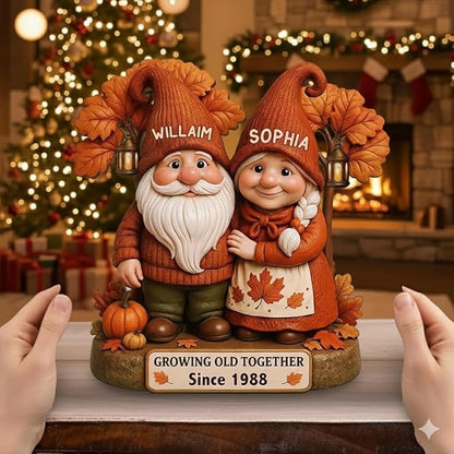 Personalized Gnome Couple Figurine, Growing Old Together Since 1988, Custom Autumn Decoration, Unique Fall for Couple, Engraved Family Ornament for Parents and Grandparents